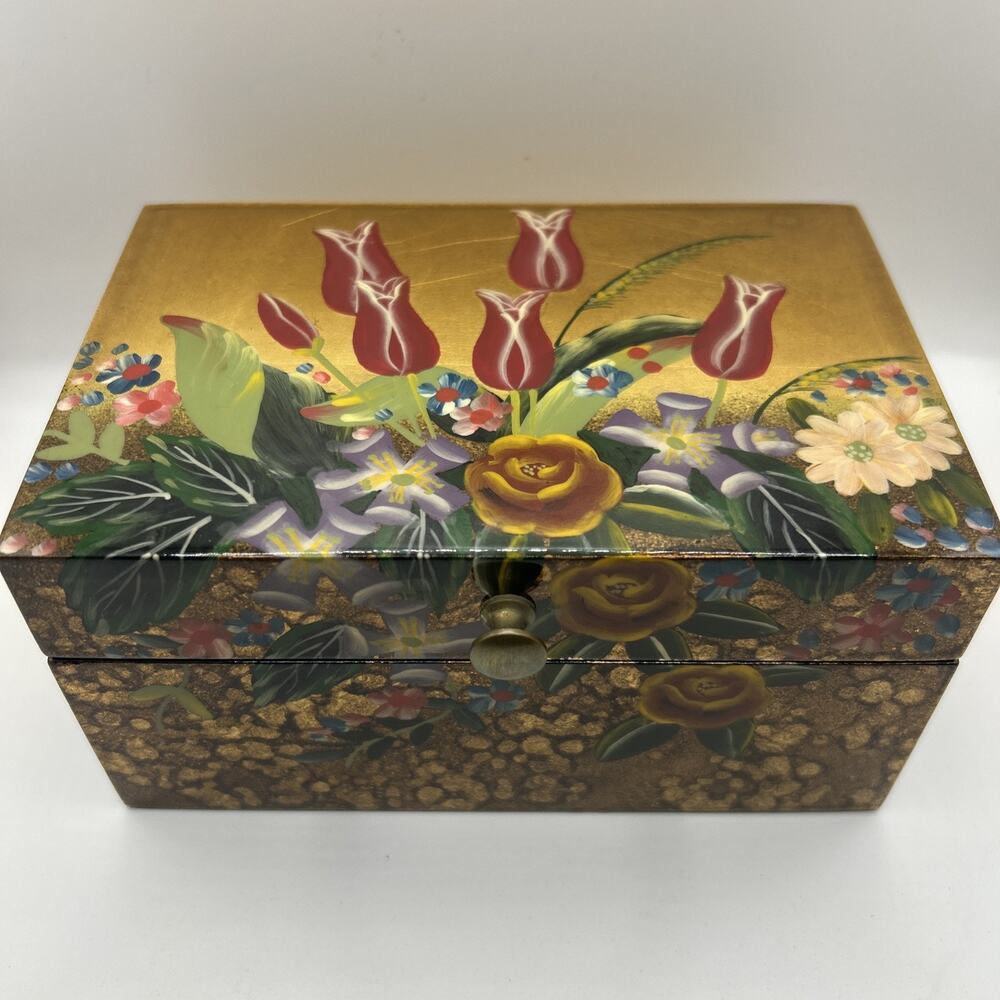 Vintage Asian Black Lacquer Jewelry Box Beautifully Hand Painted Floral Design